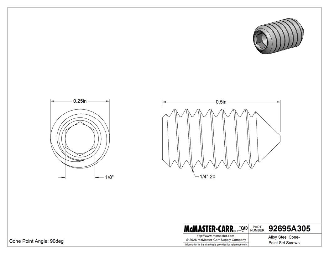 Technical Drawing of Alloy Steel Cone-Tip Set Screw, Black Oxide, 1/4"-20 Thread, 1/2" Long.